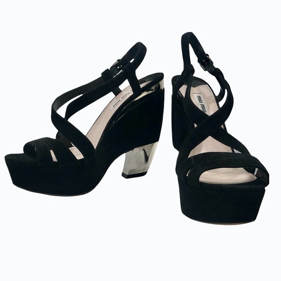 MIU MIU BLACK SUEDE AND MIRROR PLATFORM SANDALS - Picture 1 of 16